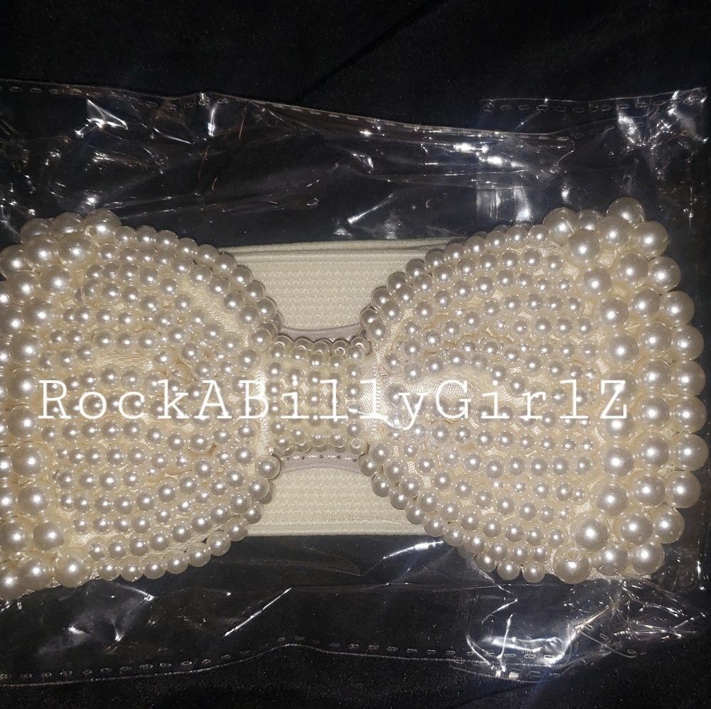 Tatyana Pinup Antique Cream Big Bow Belt w Multi Faux Pearls w Hidden Closure
